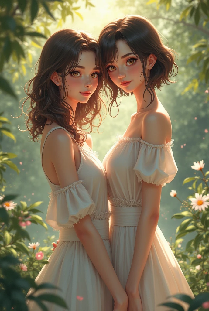 (8K masterpiece, high detail good picture quality, perfect light and shadow, delicate beauty, dynamic shooting, beautiful garden, natural light, brown eyes, delicate facial features, long eyelashes, gentle eyes, flower hair ornaments, tree shadow embellishments, fluttering hair, flying flowers)