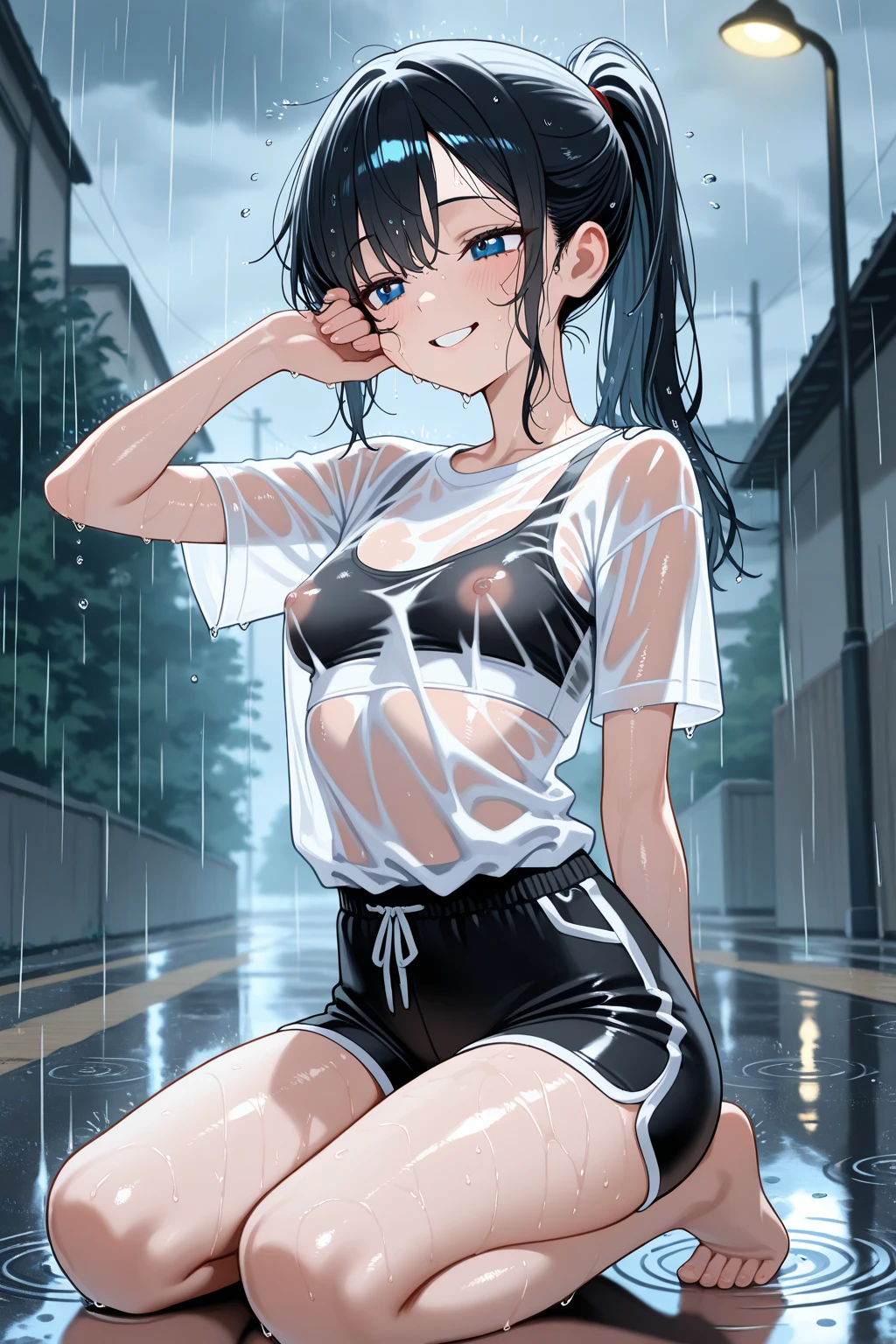 Videl,Saw 2,Low twin tails,White T-shirt,badge, bicycle_Shorts,Green running shoes,blue eyes,Gloomy face,forest,rain,fog,cloudy,Open your mouth a little,Large Breasts,From afar,Wet,walk,
