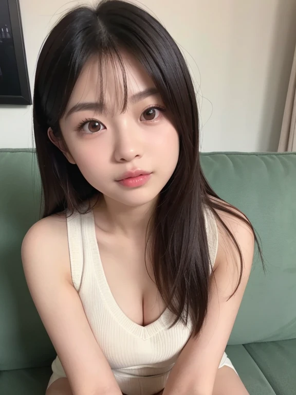 A beautiful Japanese shy girl, age 20 years old, light honey long hair, brown eyes, shiny lip, shiny hair and shiny body, wearing slip, in dark room, light shine in, ecstatic expression, leaning forward