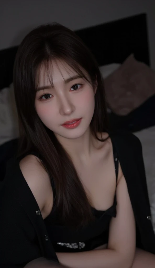 (Realistic、chef-d'artwork、best quality、8K、high resolution、high resolution:1.3)、1 girl、gros seins、bikini blanc、Regarder les téléspectateurs、visage et yeux super fins、cheveux longs、 dans la chambre、Asseyez-vous sur le lit、Exposed neckline、haut du corps、