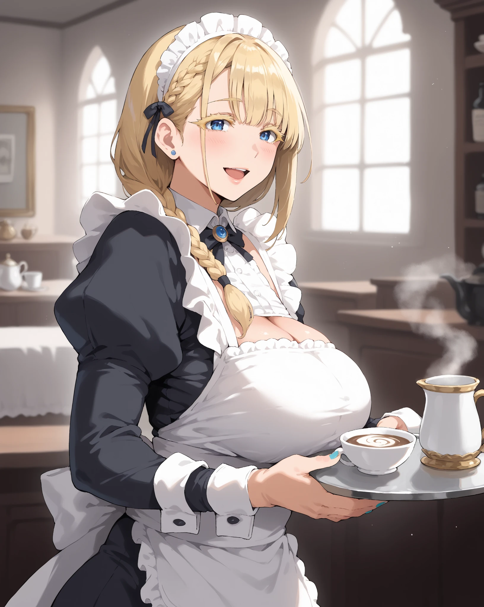 (SFW quality), score_9, score_8_up, close-up picture shot of a 28 yo milf, (close-up 3/4 body view), (mature woman artstyle), soft friendly face, smooth waist-long blonde hair with milkmaid crown-sidebraid and soft curtain bangs, sensual erotic lips, large heavy naturally saggy erotic breasts, plus-size sexy body curves, big mature woman with fertile body and child-bearing hips, (large erotic arms), oh my god that arms are so sexy!!, colored nails, (bushy blonde eyelashes), blue HD eyes, (soft motherly warm smiling so tender), open mouth, 3/4 body photograph of a cute and attractive young milf, BREAK, maintain eye contact with viewer, ((elegant black and white maid outfit with frilly apron)), puffy sleeves, white headband, standing inside a classic European-style manor, (holding a silver tray with both hands - cup of coffee), slight bow, gentle smile, BREAK, from side, (SuperQuality:1.0) ~ (SuperQuality:1.2)