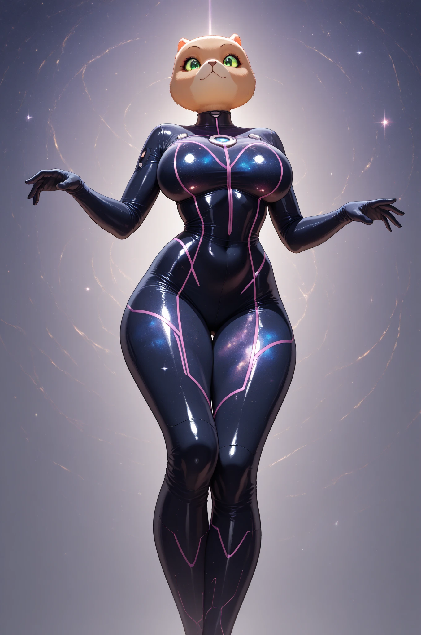 1girl, breasts, large breasts, blue hair, very short hair, pixie cut, blue eyes, bodysuit, black bodysuit, blue trim, science-fiction, futuristic, tech, neon trim, neon, smile, full body, ((full body)), pantyhose, black pantyhose, hourglass figure, ((hourglass figure))