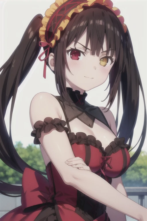 score_9, score_8_up, score_7_up, source_anime,
kurumitokisaki, kurumi tokisaki, black hair, red eyes, long hair,
twintails, yellow eyes, hairband, heterochromia, dress unbuttoned, red dress unbuttoned, bare shoulders, collarbone, choker, bowtie, red bowtie, detached sleeves, corset unbuttoned, frills, cleavage unbuttoned,sitting,legs open, looking at viewer, cowboy shot, dutch angle,showing naked breasts, medium large breasts, showing naked breasts ,naked breasts nipples,semi naked,loli,right eye red, left eye yellow,(cowboy photo: 1.5)