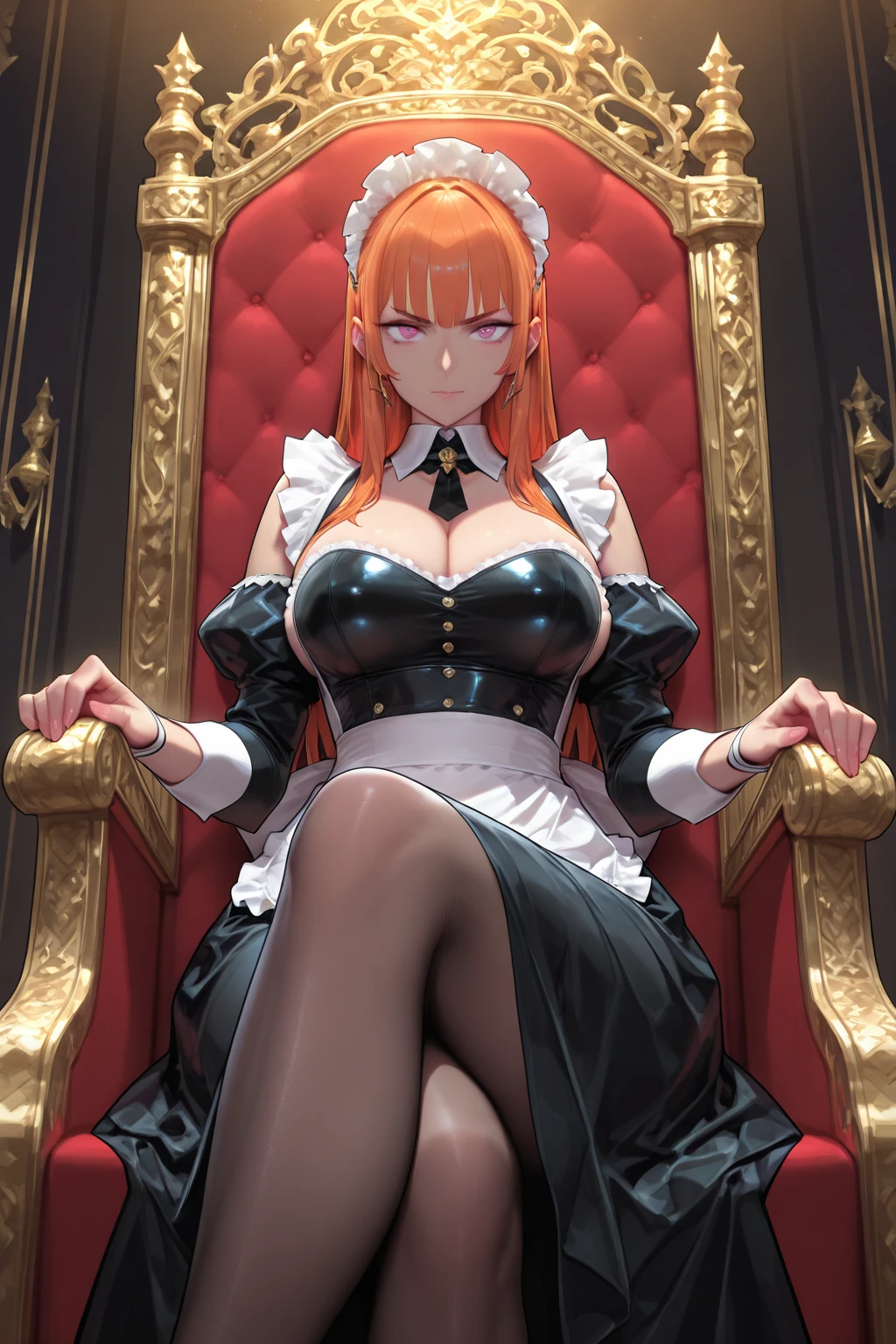 Beautiful woman in black, kneeling on one knee, exposing her cleavage and thighs, with a golden token in her hands, facing the throne