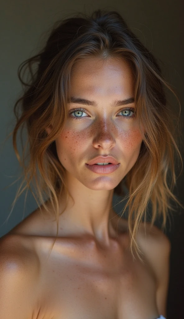 40 year old woman, wrinkles on the face, abnormally blue eyes, not a perfect face, (photorealistic:1.4, extremely complex:1.3, radiation, photon mapping, dtx, 8 K), ((((heart necklace close up, White T-shirt, wet, [medium breast:Big breasts:0.8])), wet, [Skin detail:freckles:0.7], natural), Bock effect, blurred background, Focus on face