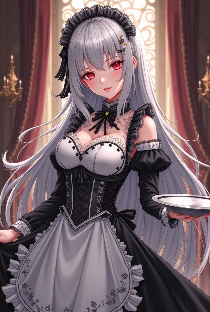 android maid, red eyes, white hair, mechanical plates