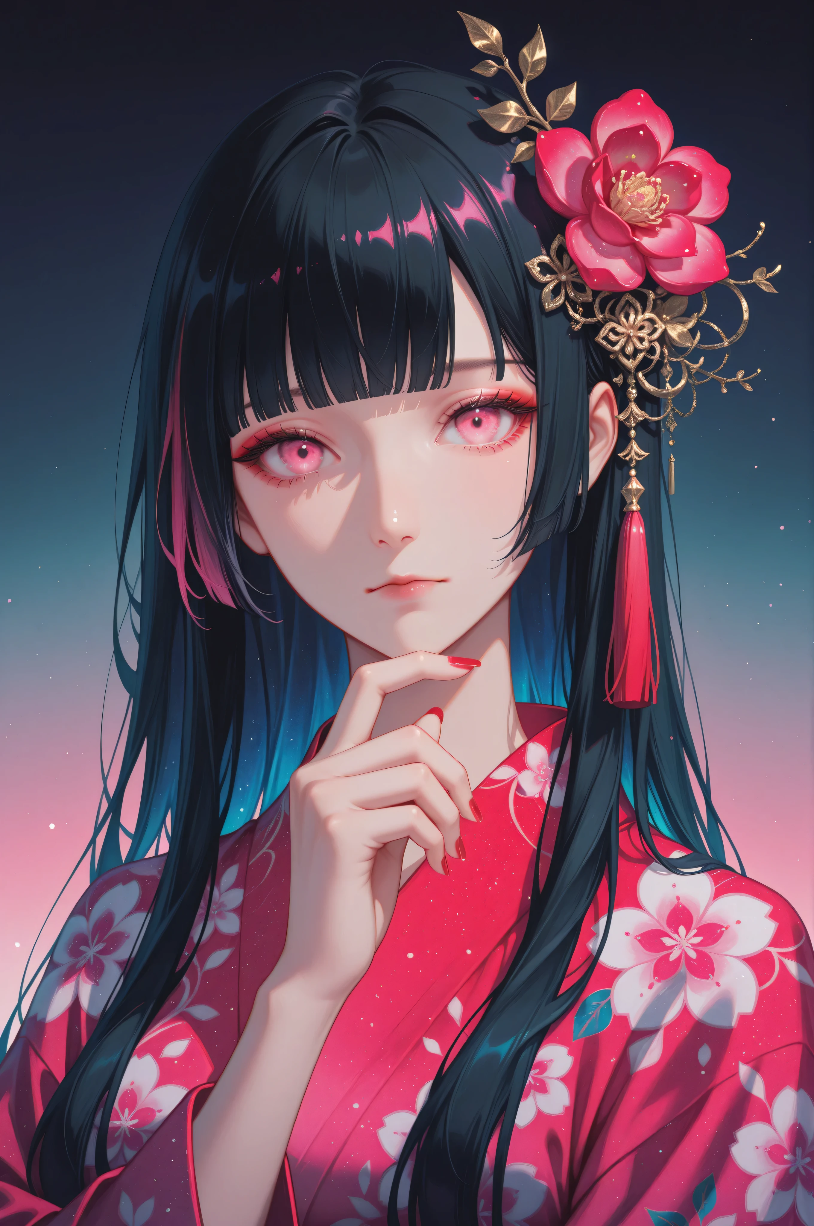 woman, solo, ethereal, crystal red nails, looking at viewer, bangs, pink eyes, long hair, black hair, hair ornament, hand up, flower, blunt bangs, closed mouth, tassel, ribbon, portrait, colorful, gradient background, floral yukata, multicolored hair, upper body,