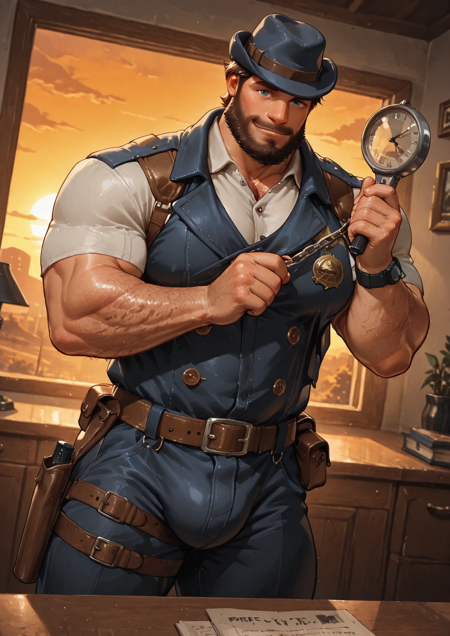 photo of a man wearing intricate steampunk style fantasy clothes, sky, brown hair, facial hair, upper body, brass cogs and gears, glasses, looking at viewer, steampunk shirt, pants, science fiction, large penis, erection, face portrait, (close up:1.3), pectorals, abs, puffy nipples, on the deck of a steampunk airship, airship flying in the sky, (steampunk medieval fantasy), (smile:0.5), best quality, masterpiece, detailed background, depth of field, intricate details