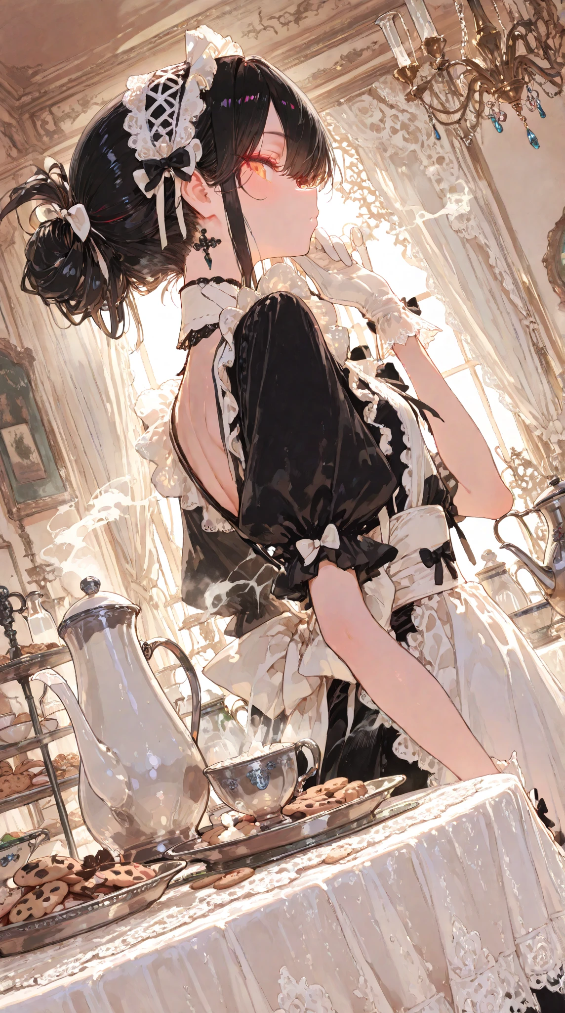 ``masterpiece, ultra highres, best quality``` elegant tea service, Careful handling, with a dignified appearance,black maid clothes, pure white apron, lace headdress to put your fingertips on your cheeks, Elegant Collar Bow, long skirt, white gloves, black hair up hair, Concentrated gaze, beautiful profile, silver teapot, Darjeeling amber, Rising Steam, Bone China Cup, How to pour gracefully, perfect angle, Delicate Wrist Movements, antique serving stand, lace tablecloth, silver tea tray, Sugar bowl, milk pitcher, Cookie platter, chandelier light, Luxurious Reception Room, Soft Afternoon Sunlight