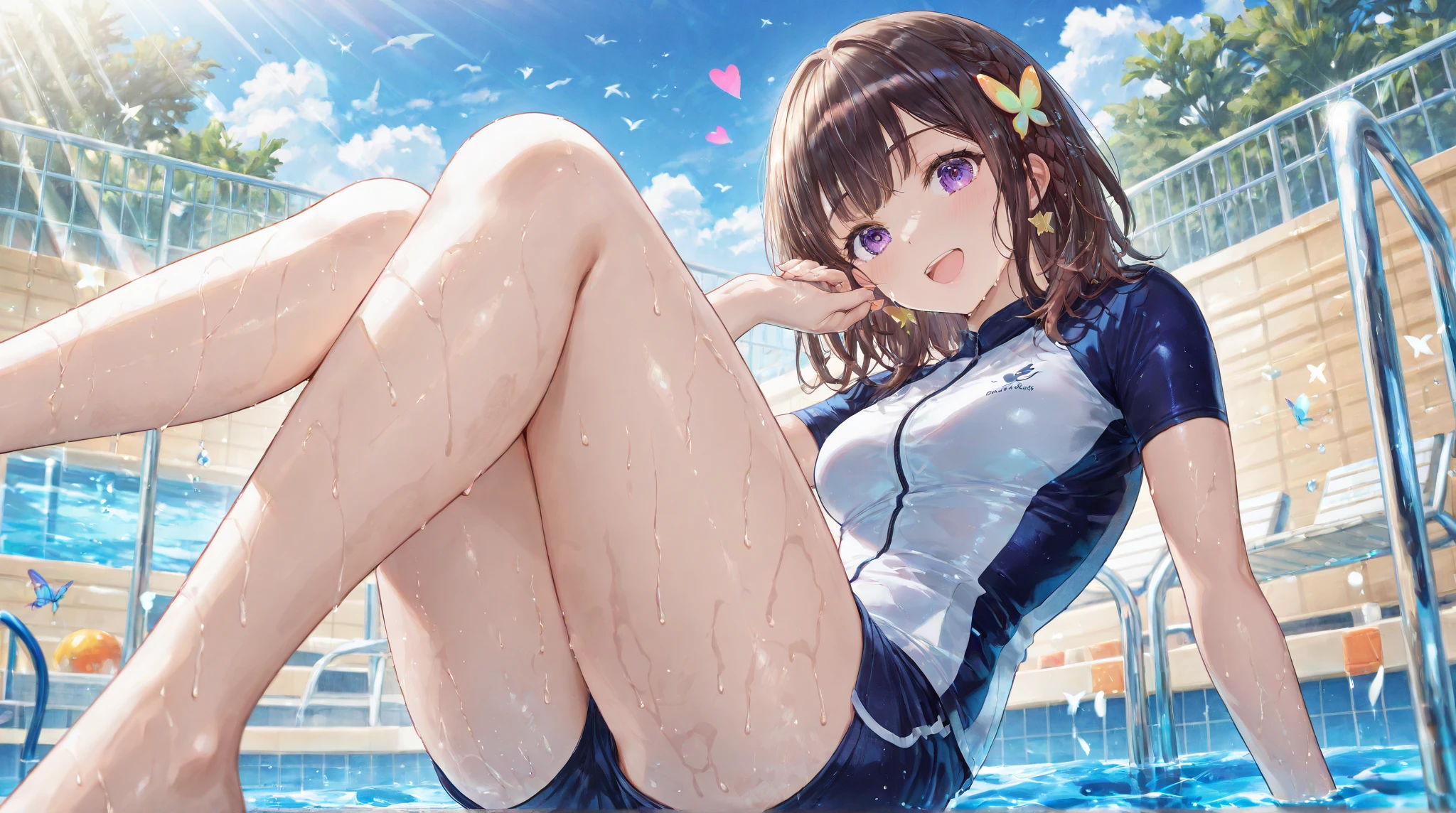 masterpiece, best quality, illustration, ultra-detailed, finely detail, highres, 8k wallpaper, perfect dynamic composition, beautiful detailed eyes, (pussy focus:1.3), 1girl, drooling, (blank eyes), (sitting and spread legs:1.3), (knees up:1.5), (school swimsuit), show pussy, love juice, (panties aside), splash, pool