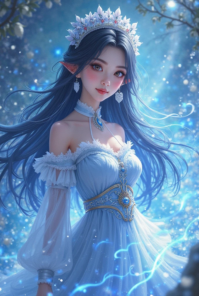 (Upper body photo:1.5)、dutch angle. wood, Exquisite mini ice spikes and crystals, A frozen waterfall in the background, Light reflected by ice crystals, Flowing snowflakes.1 girl、pretty girl,A realistic person,Beautiful cleavage,((medium breasts)),Thin legs、Tight waist、standing, Long dress,Halter neck