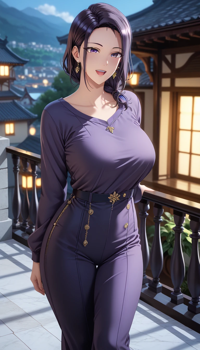 Just one girl,Best quality, 4k, high resolution, body stuck dress, perfect smile, gorgeous, white skin, ahegao face(hentai face) , brown hair, wearing light purple bodystuck outfit, Wearing purple qipao-style blouse with white trimmings, wearing loose blue pants, clothes are stuck in body (fishnet in outfit),1 girl, solo, seductive look, elegance and charm, (masterpiece, best quality, high resolution), looking at the viewer, standing, (intricate and beautiful:1.2), (detailed light:1.2), (soft light, side light), (high resolution textures) , holding leash in hand(chain leash), outdoor, Burmese girl, wearing gorgeous jewelary, wearing harness over the outfit ,outdoor background, sun light, attractive, sexy, mature and hot, young,(masterpiece:1.3), (disorganized:1.3), (highest quality:1.3), perfect anatomy, detailed face, front view, perfect right hands, looking at viewer, (Super detailed:1.3), (best shadow:0.7), (treated hair), fine eyes, beautiful eyes, young aged woman, alone, standing, crystal earrings,closed_mouth, , outdoors,Thick thighs, arrogant face, small