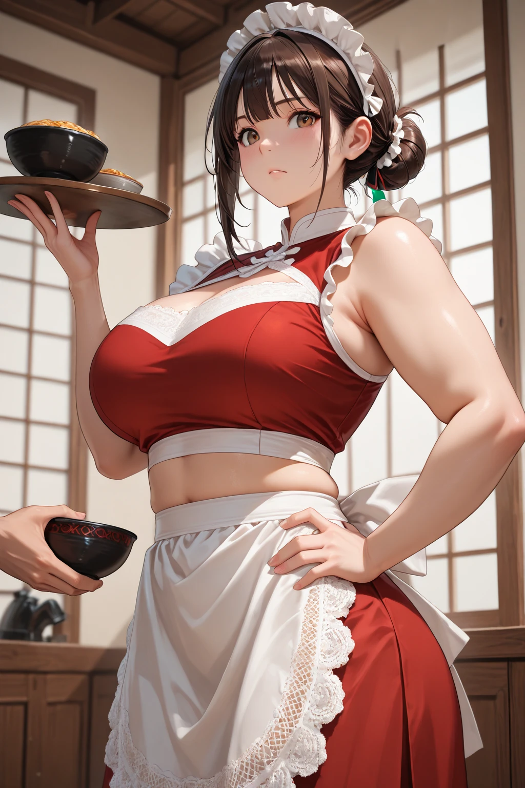 18 year old girl,baby face,dark red short hair,Ponytail hairstyle,Smile,Huge breasts,cleavage,Soaked all over,blush,Green eyes,female spy,Red Venetian Miniskirt,White gloves,White hand sleeves,White boots,Science fiction,future,Inside the fighter hangaghter pilot,A pistol was hung around his waist,Wear earrings on one side only,Lipstick,Off-shoulder white vest,Arms equipped with mecha,Fighter mech