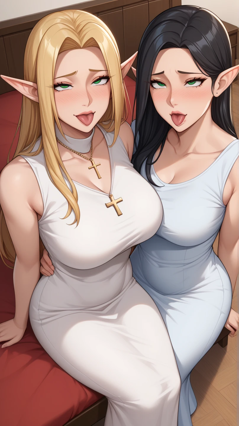 2 sexy women (blonde milf and brunette) kissing each other in a bedroom. Ass focus from behind, young short sexy, huge massive hanging breasts, full thick pouty lips, big beautiful smile, sexy wavy hair, big eyes with long eyelashes, big gorgeous smiles, super wide birthing hips, thick toned thighs, no bra, no panties. Cinematic morning lighting.
