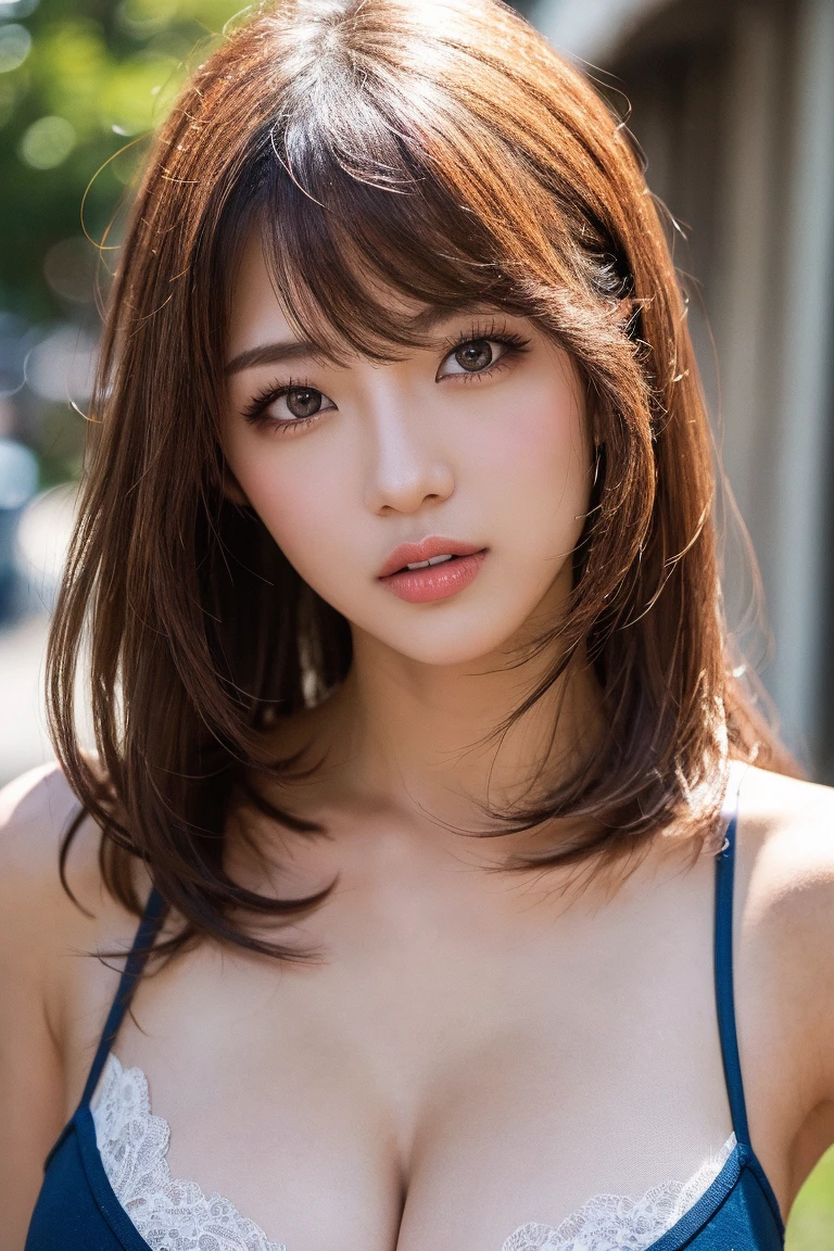 Extreme face close-up,randome pose,1 japanese girl,(Ultra detailed skin),Curve,Beautiful breasts, Large breasts, pale skin, (Highest image quality ,Hyperrealist portrait, (photo realistic:1.4), (depth of field), (8K), Ultra-realistic, Best Quality, High quality, High Definition, High quality texture,high detailing, Beautiful detailed, fine detailed, extremely details CG, Detailed texture, realistic representation of face, masterpiece, presence, Dynamic, Bold), medium hair, messy hair, asymmetrical bangs, Swept long bangs, bright coppery amber hair, Hair over one eye,