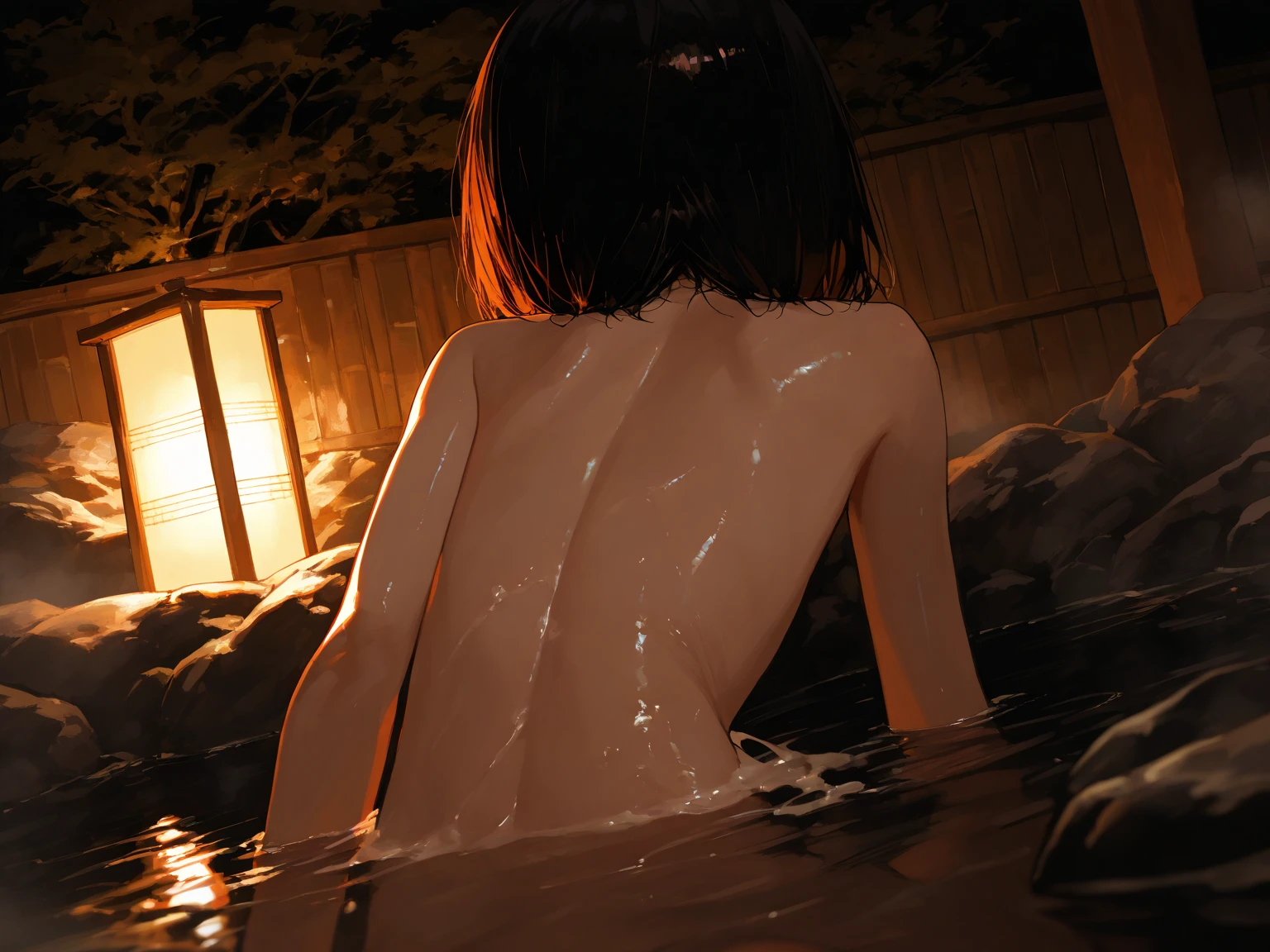 My sister has short black hair, red eyes, a grumpy face, big breasts, focus on her lips, soaking in an onsen, naked, arms crossed, her butt sticking out, bare feet, floating in the water.