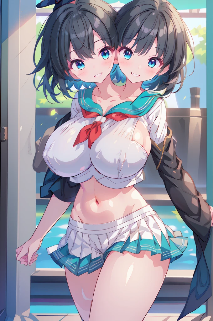 highest quality,wonderful,finely,extremely detailed CG Unity 8K wallpaper,1 Girl,(Huge breasts)(Sailor swimsuit:1.4),Open your mouth, Black Hair, Glasses, Blue Eyes,Twin tails, Waistline,Thighs, (Torn Shirt, Underboob:1.5),(Light blue striped panties),Panty shot,Blindfold