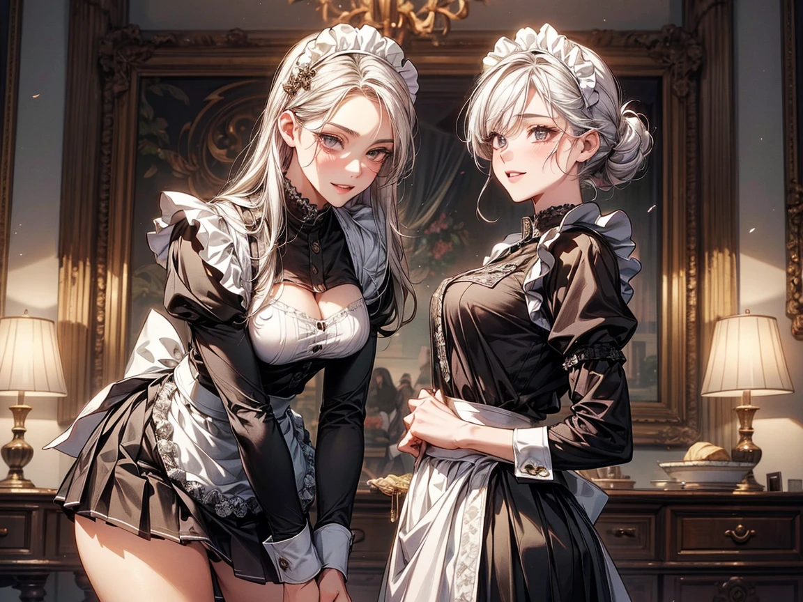 Maid clothesを着た美しいサイボーグの女性兵士、Short white hair、Muscular、Six Pack Abs、(Maid clothes:1.8)、(White ruffled apron:1.4)、Facial blemishes、Eye patch、(Fighting Aliens:1.55)、Smirking expression、Dynamic configuration、detailed、Photorealistic、8k、High resolution、超detailed、Cinematic lighting、Dramatic colors、SF、Concept Art