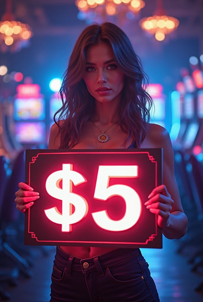 Beautiful women showing $5 freeplay and other people watching her shocked with background of online casino game logs
