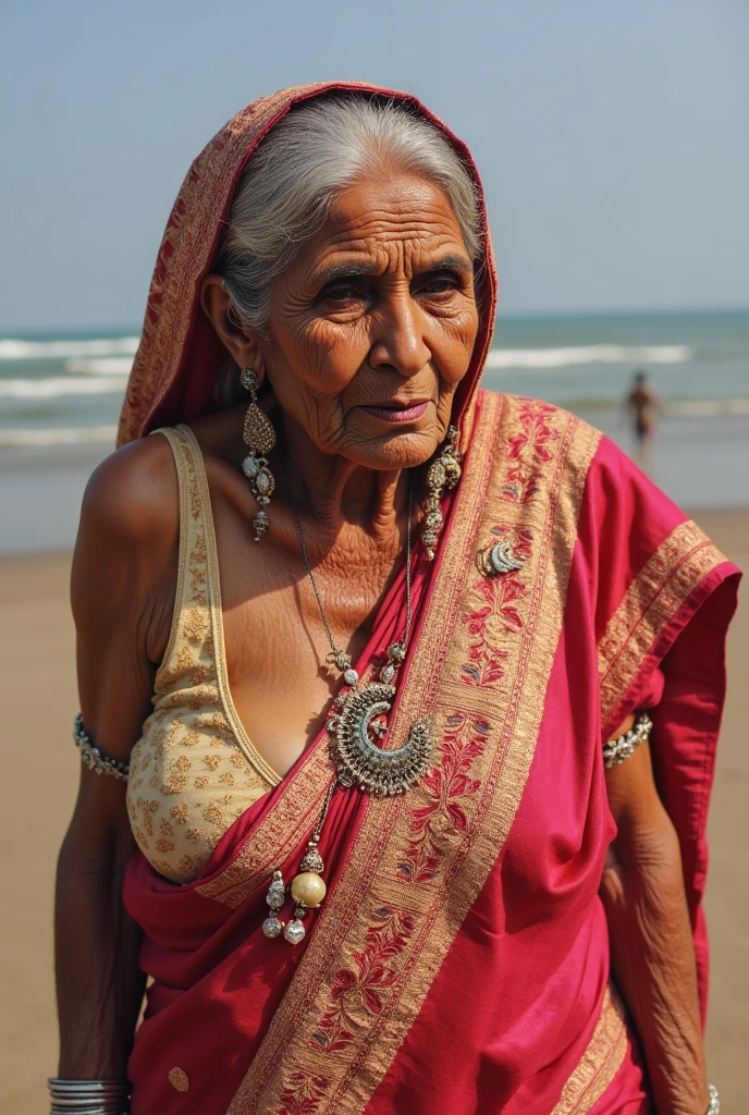 Old desi woman in mini black bikini, large breast