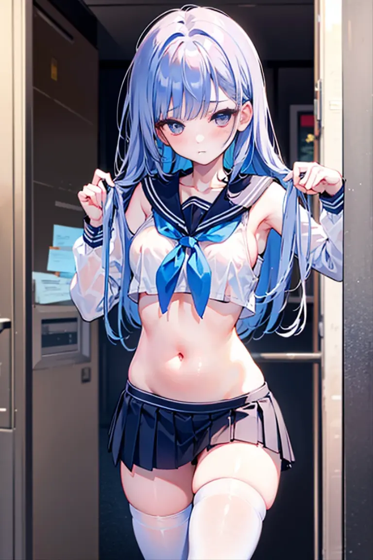 Cornflower art, dreamy, (masterpiece, top quality, perfect anatomy, beautiful face, realistic, super detailed, 1 girl, 18 ears senile, solo, depth of field, canon 24mm lens, f1.4, cute_girl, sailor_ collar, clear facial features, short sleeves, small breasts, slender height, height 150cm, barefoot, double ponytail, bangs, gravure pose, indoor, slouch, Chest gap jungle, blurred background, (Uwabaki: 1.1576)) whole body, clear liquid dripping from the crotch, the front of the shirt is exposed, breasts are visible, transparent bra, light blue striped buns, erotic, , NSFW movie, strange, beautiful pee, holy water, (), crotch jungle,