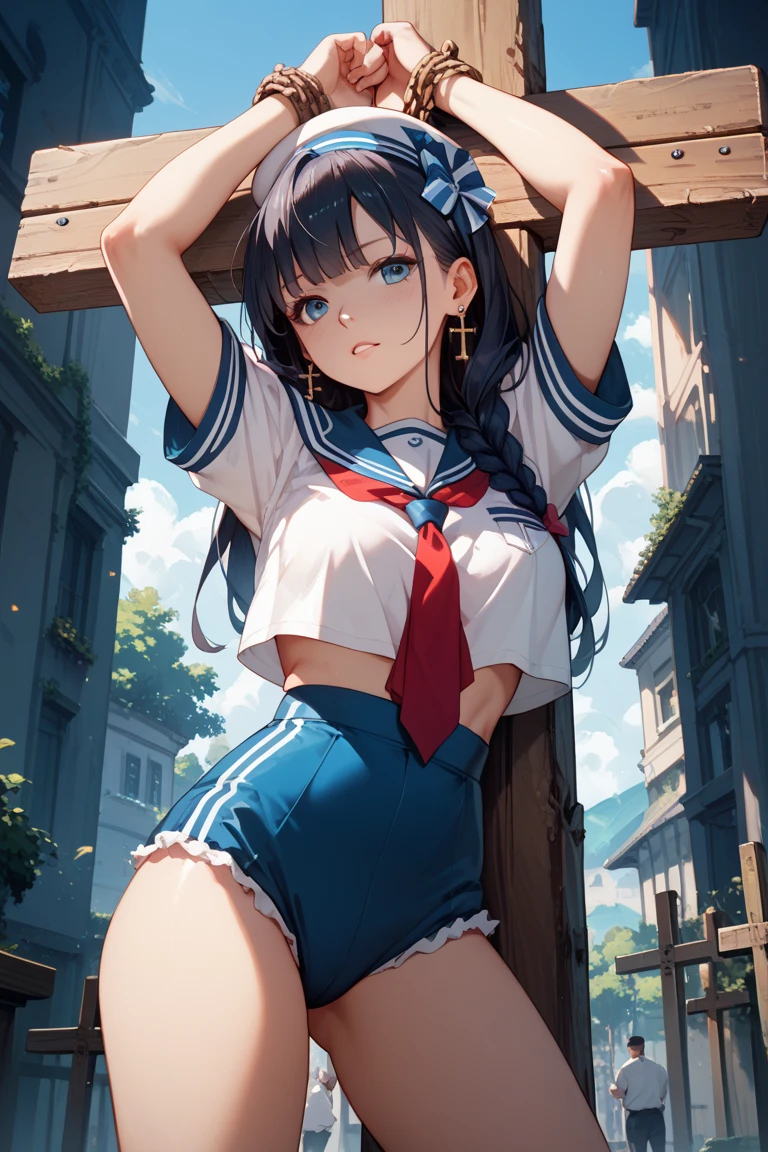 1young_teen_女の子、ロリ、brown_hair、medium_bob_hair、blue_midriff_baring_sailor_uniform、mini_skirt、short_sleeve、太もも、big_tits,closed_eyes, 笑顔、open_mouth、立っている,harbor_background、spread_legs、幸せ、NSFW、short_gloves, wet,transparent,covered_nipples, covered_crotch, under_tits, sweat, bare_thighs, (groin:1.5)