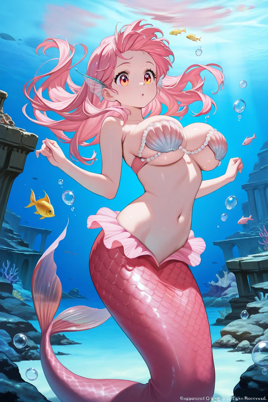 1girls, 1boy, paizuri, perpendicularPaizuri, from below, penis between the breasts, breasts squeezed together, , bracelet, mermaid girl, fins, wet , fish tail, on the beach, , large breasts, cleavage, large breasts, hiding under water, coral, navel, testicles, head pat