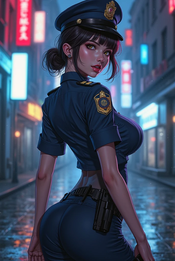 asian 1girl, (Blue Eyes), (angry face :1.2), (Sana Minatozaki), wide hips, Big tits, big ass, (Best Quality, 8k, Masterpiece: 1.3), Clear Focus: 1.2, Perfect Body Beauty: 1.4, strong abs :1.2, Highly detailed face and skin texture, detailed eyes, double eyelids, (black lined eyes :1.1), red lips, (blond long hair :1.2), black latex pants, sexy police uniform, police shirt, police badge, Police cap, gun belt, standing, hands on the hips :1.3, on the streets of new york at night, blurred background