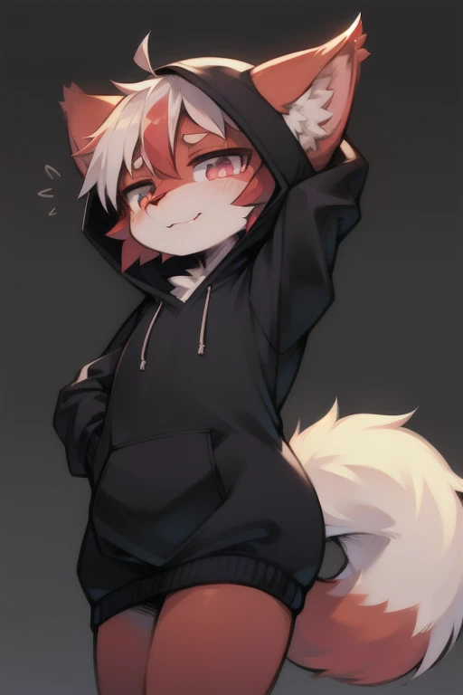 by zackary911, (coffeesoda:1.1), hioshiru, zackary911, wolf, anthro, femboy, solo, tight black hoodie clothing, fur, looking up perspective, perspective from tiny, (he is looking down at the tiny), curvy thighs, huge thighs, blep,leaning over, crouched down,