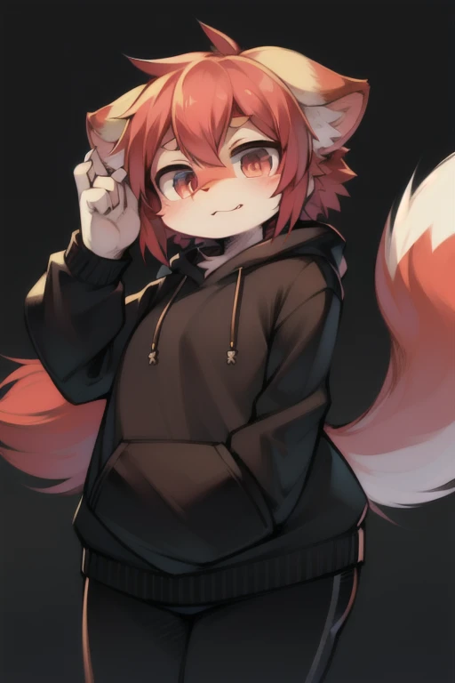 a very young orange male wolf furry with blue markings on their ear and tail, using a red sweater and a black skirt, has red eyes and a black nose and crimson messy curly hair, has orange angel wings, blushing and shy