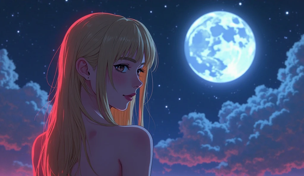 a beautiful 20 year old blonde nude woman with big messy hair, laying on a fluffy cloud, floating gracefully over a small city, cityscape, twinkling stars and glowing moon at night, cute detailed digital art, colorfull digital fantasy art, digital fantasy art ), glossy digital painting, rossdraws pastel vibrant, rossdraws 2. 5, rossdraws 1. 0