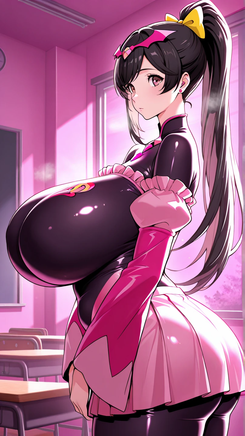 1woman having sex,mature woman,pov, doggystyle,rolling up eyes,flying heart-shapes,shaking effect,black hair,open mouth,saliva,shouting bubbles,plump body,gigantic buttocks,buttocks grab,cheerleading costume,happy orgasm,at elegant bedroom,