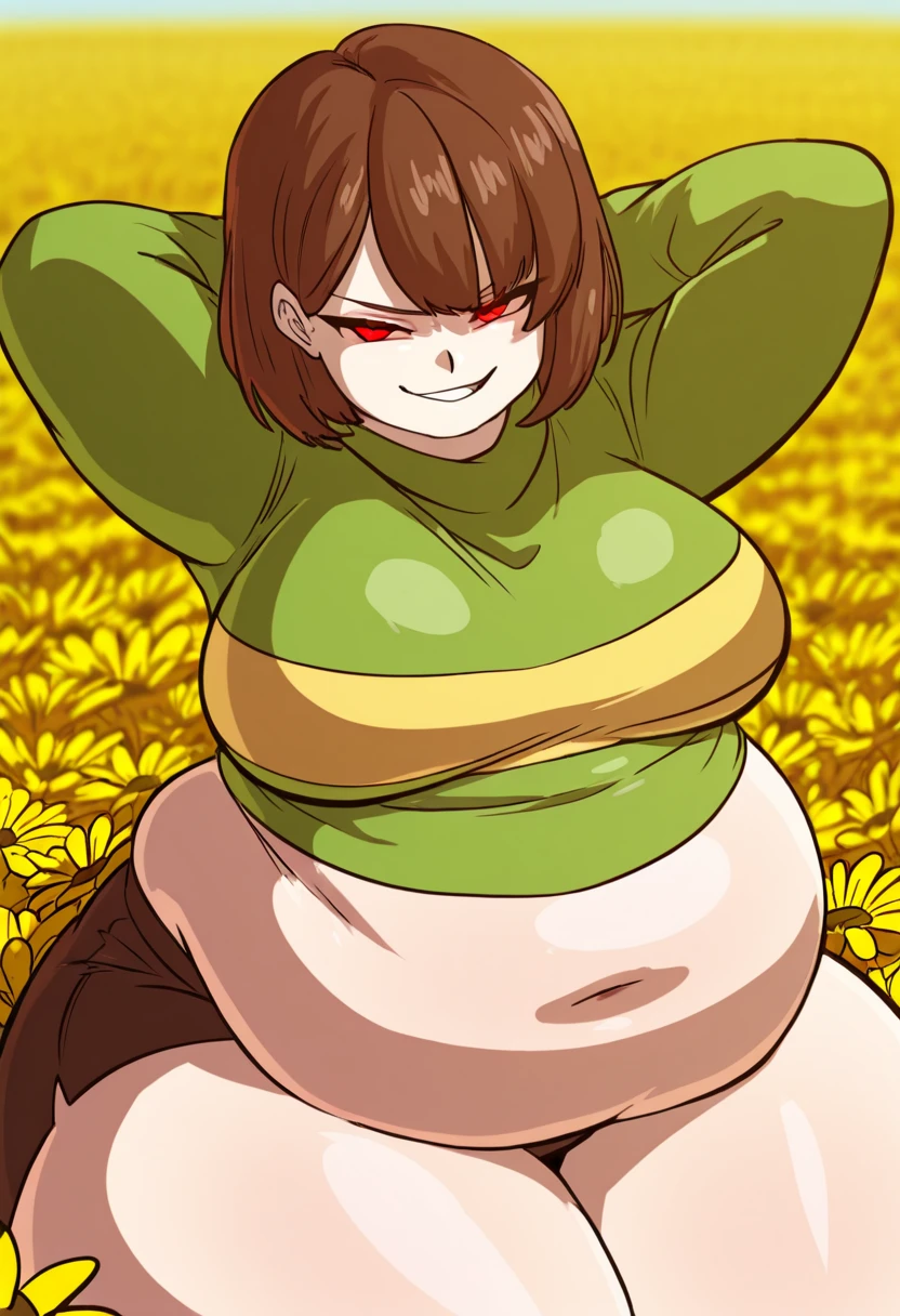(((Dark Skin Woman))),(((Wearing a moss green dress))),(((Red wavy hair))),(((Lime green eyes))),(((Curvy body))),(((Alone)))