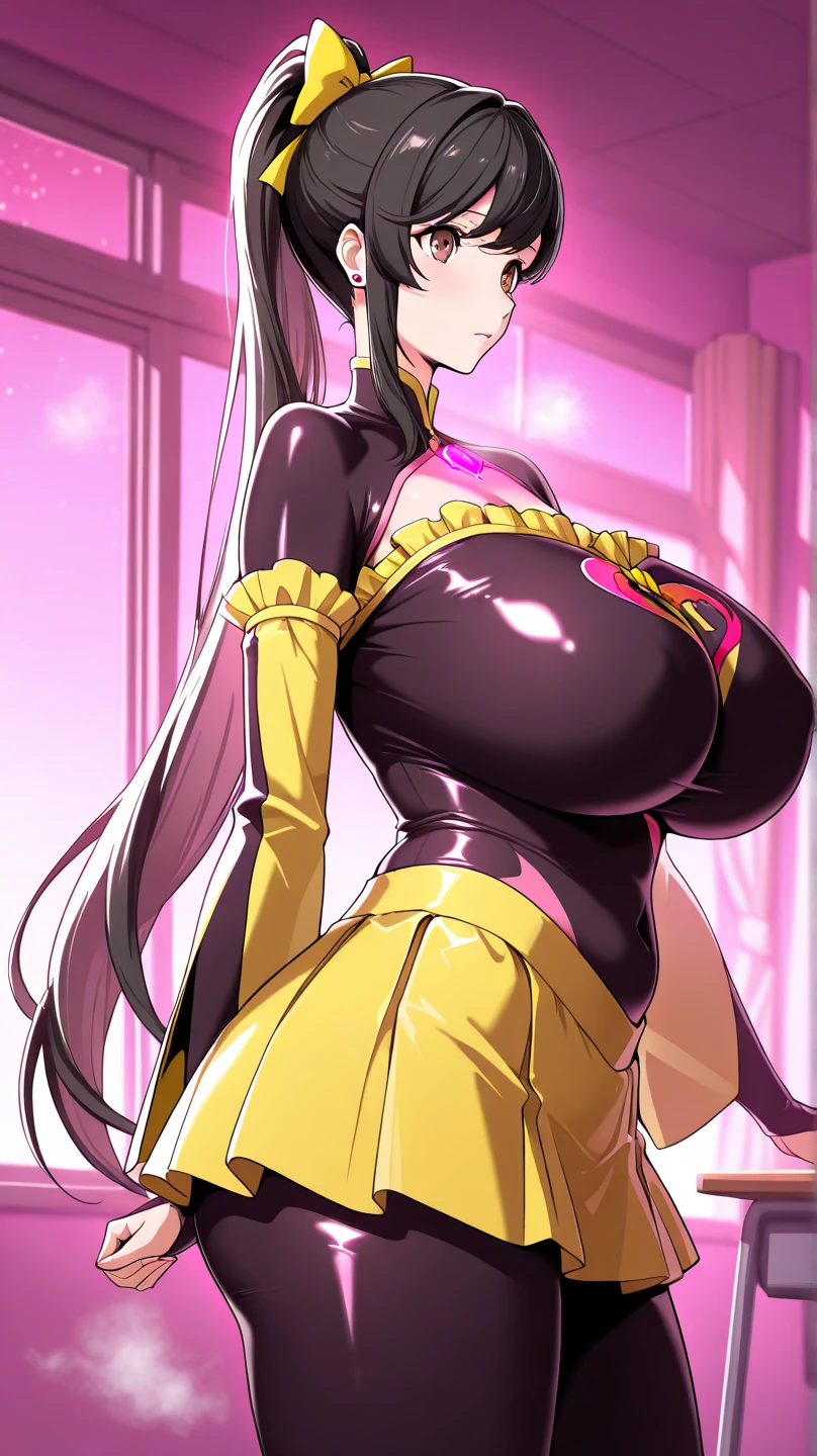 (8K, Best quality, tmasterpiece:1.2),\(eye detailed\),(\(Clothes detail details\)\),full bodyesbian,(huge tit),(Facial focus) ,Very detailed CG unity 8K wallpaper,hugefilesize,ultra - detailed,A high resolution,absurderes,beautidful eyes,Ray traching,dramatic shadow,finely detailled,Dramatic angles,Hyper-detailing,(1 girl:1.3),(Solo),,Mature female,Long hair black,Green eyes,Wearing(cosplaying_magical girl,very cute yellow dress with ruffles,Large Ribbon Bow Tie Back),
