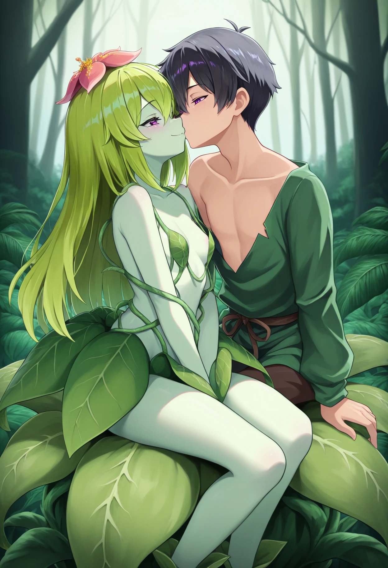 ((Highest quality)), ((masterpiece)), (detailed), (Perfect Face)、The female frog monster, whose body and mind are frogs, is Yukikaze Mizuki, a frog woman with medium-long brown hair and green skin.、The woman is naked and has the body of a frog, a frog girl, with webbed hands and feet, a frog-like posture, a frog-like body surface, and a frog-like tongue, the length of which is also1A perfect frog girl with a meter-long tongue, clinging to a male frog monster、The woman is by the water in the forest, mating with a male frog monster.