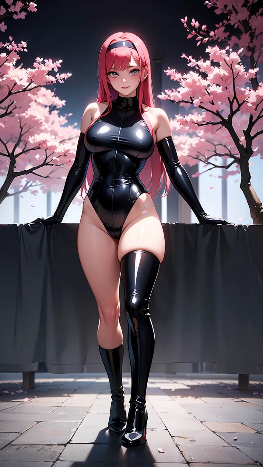 1girl, solo, (((full body))), masterpiece, (high detail:1 1), Rough face, Natural skin, high quality, NSFW, Hinata Hyunga,(French braid hair), (((long wavy hair))), long short detailed hair, white eyes,(arm behind head:1.5),( smile:1.2),Face blush,Sexy figure, perfect bodies, beautiful eyes, (Detailed face and eyes), (face: 1 2), voices, Extra, real photo, ... ... ........... PSD, sharp focus, contrast lighting, Delicate skin, High definition 8K, incredible details, realistic, professional photo shooting, 8K UHD, SLR camera, soft lighting , high high quality, film grain, Fujifilm XT3, magic, particle FX, (((tight body suit))), in the forest, dark forest, horror forest, cherry blossom petals, looking at viewer, (((Show cameltoe))), (((black boots))), (snow), (gloves)