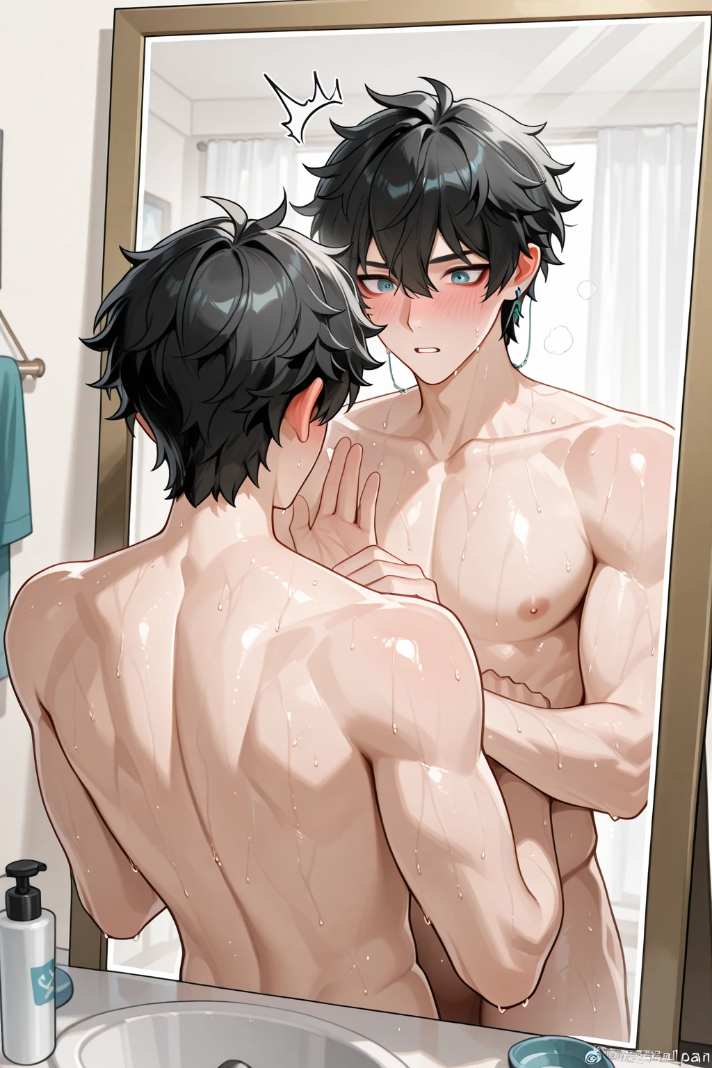(1boy), brown hair, spiky hair, short hair, bangs, red eyes, elf ears, muscular body, big chest, blush, cry, live eyes, nude, have penis, sex from behind with boy, kiss neck, touch body, penis put in ass hole, cum, saliva, in bathroom