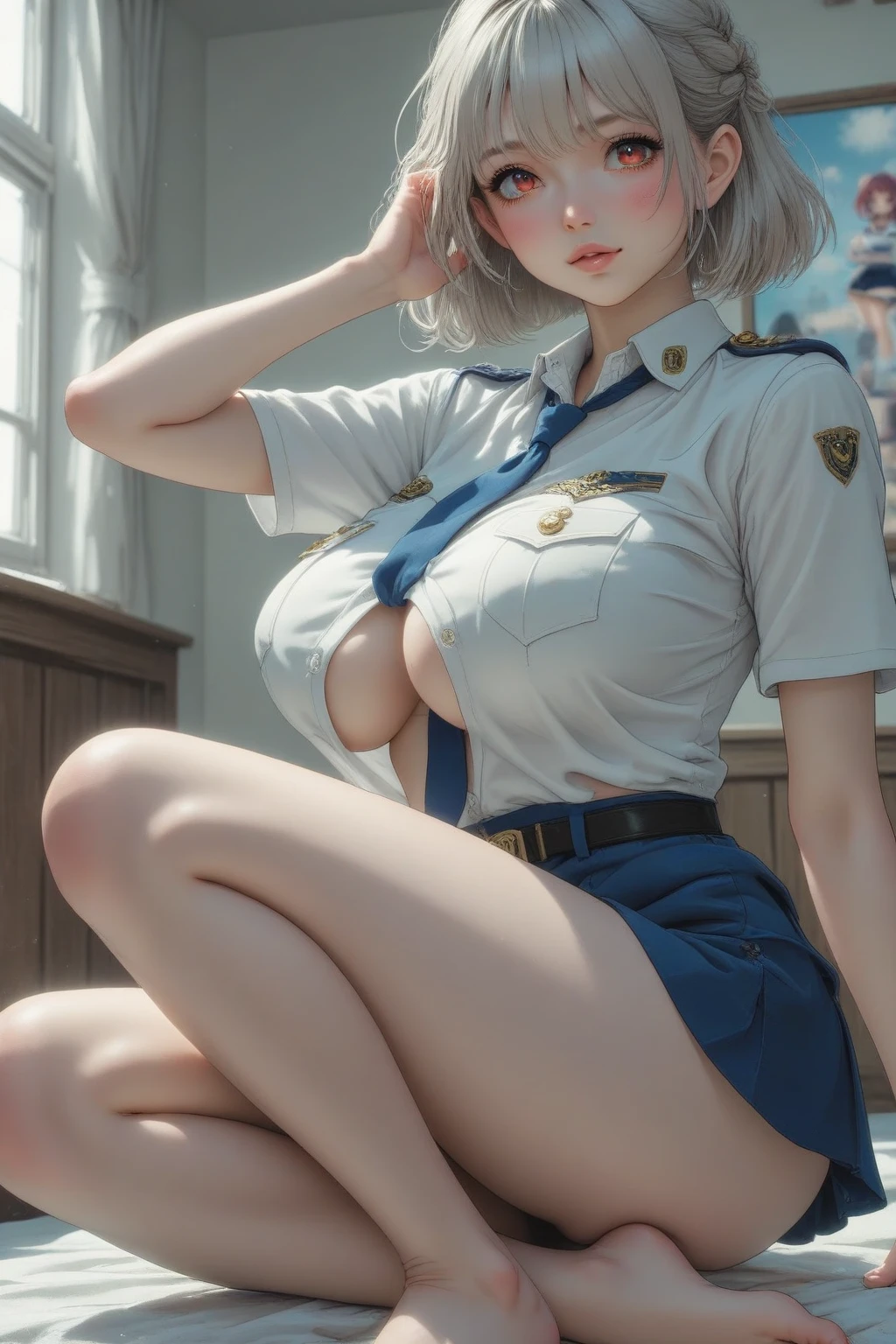(masterpiece: 1.3), (maximum resolution: 1.2), (Ultra HDTV: 1.2), cinematic light, 8K resolution, detailed facial features , (sharp focus: 1.2), (focus on face:1.2),perfect style, beautiful face, acura, anatomically correct, Highly detailed face and skin texture, beautiful eyes,beautiful eyes, thin eyebrows, glitter eyeliner: 1 natural cheeks, Glossy skin, Fair skin: 1.2, (glossy lips: 1.4),、 (embarrassed look: 1.2),Highly detailed face and skin texture, fine eyes, double eyelid, natural cheeks, , glossy lips: 1.4,exposed cleavage、(A large amount of sperm in the chest:1.4)(A large amount of sperm on the thigh:1.2)、 blush、humiliating、impatience、It was disappointing、It was scary、glare、embarrassing、please open your knees、open your legs、 white underwear、white bra、Sparkling small earrings and rosary、disheveled clothes、exposed panties、stockings sweating、thin underwear、stockings、 hair length、25 years old, A neat and clean woman,1 person、 upturned chest, church、Stained glass、on the floor、blonde、black haired、silver hair、blue ash eyes、green ash eye,(cop uniform:1.5)、disgusting face、masturbation behavior、insert、milking、lick male genitals、hold male genitals、