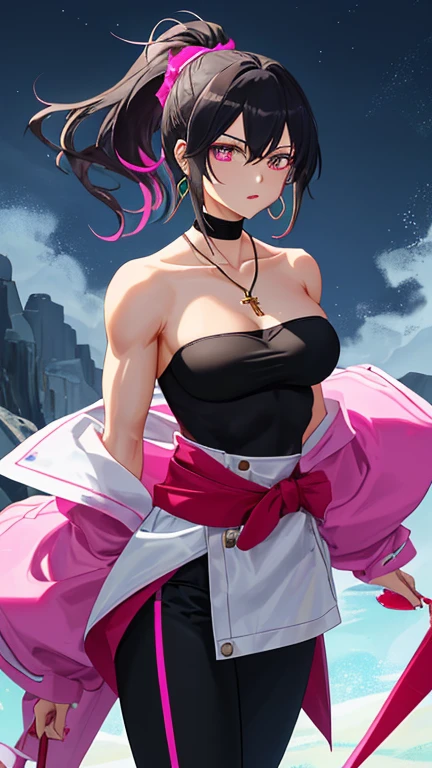 Raise your hands behind your head、night、(masterpiece、Highest quality、Very detailed、so beautiful、Full Body)、(((Wrapped in a pink dense fog effect:1.9)))、Attractive woman、Angry expression、(Sweating profusely、soaked)、((Alluring female ninja、Purple Shinobi Costume:1.3))、(Thick lips、Thick eyebrows、Almond-colored eyes、Black Hair)、((Skin:1.4))、Chest wrap、Navy blue long scarf、(From below:1.2)、Japanese garden、(pubic tattoo、glowing tattoo:1.3)