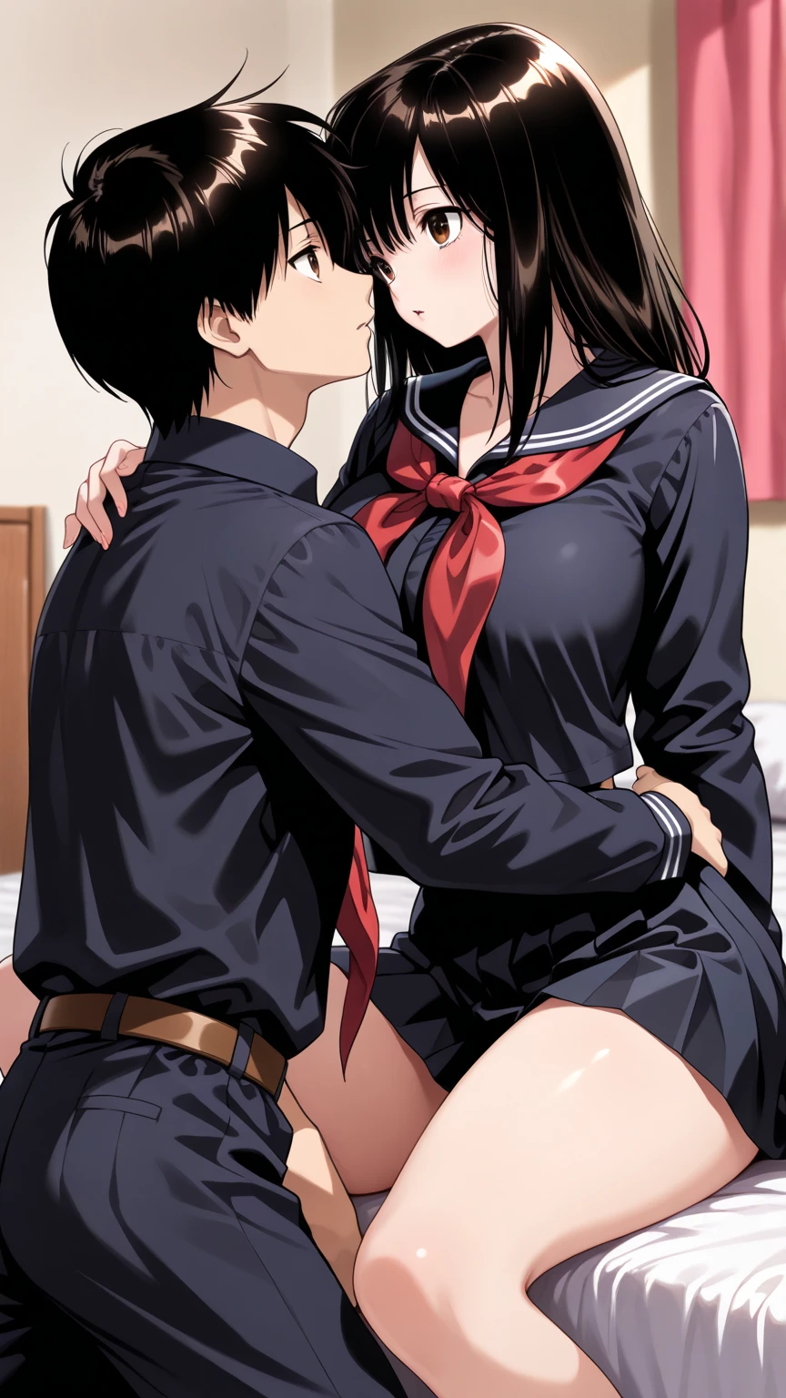 matingpress, 1girl, 1boy, lying on back, vaginal,mating press, kanao tsuyuri (demon slayer), purple eyes, black hair, butterfly hair ornament, ponytail, demon slayer corps uniform, tanjiro kamado(demon slayer), red hair, red eyes, anime style, checkered haori, green/black haori, demon slayer corps uniform