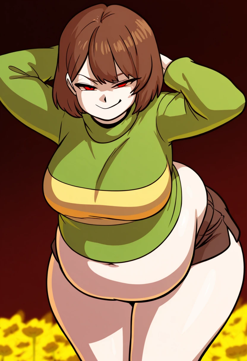 ((Best quality)), ((masterpiece)), (detailed), Undertale Fresh, Brown hair, (brown pants: 1.3), bob haircut, short hair, black tights, (green sweater, jacket: 1.3), Red eyes, (1 girl: 1.3), (One: 1.3), striped, Green striped sweater , (absurdity, A high resolution, Ultra detailed, 1 girl,oversized hooded jacket,whole body, holding mechanical chainsaw), bbw, Female, One, perspective front view, Huge ass, blushing, CHUBBY, Big breasts, tranquility, paws, low angle, Holding the chest, large areolas, soft smile, long curly, lush, voluptuous, thick