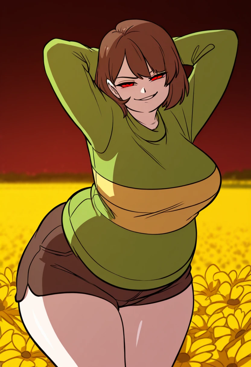 By bebebebebe ,High quality,Female ,((hair covering eyes,fluffy hair,short hair,smiling,(breasts),solo,orange hair,toned,Earrings,,hay,Curvy legs,2 arms,dramtic lighting,petals in hair,panties,Green Sweater