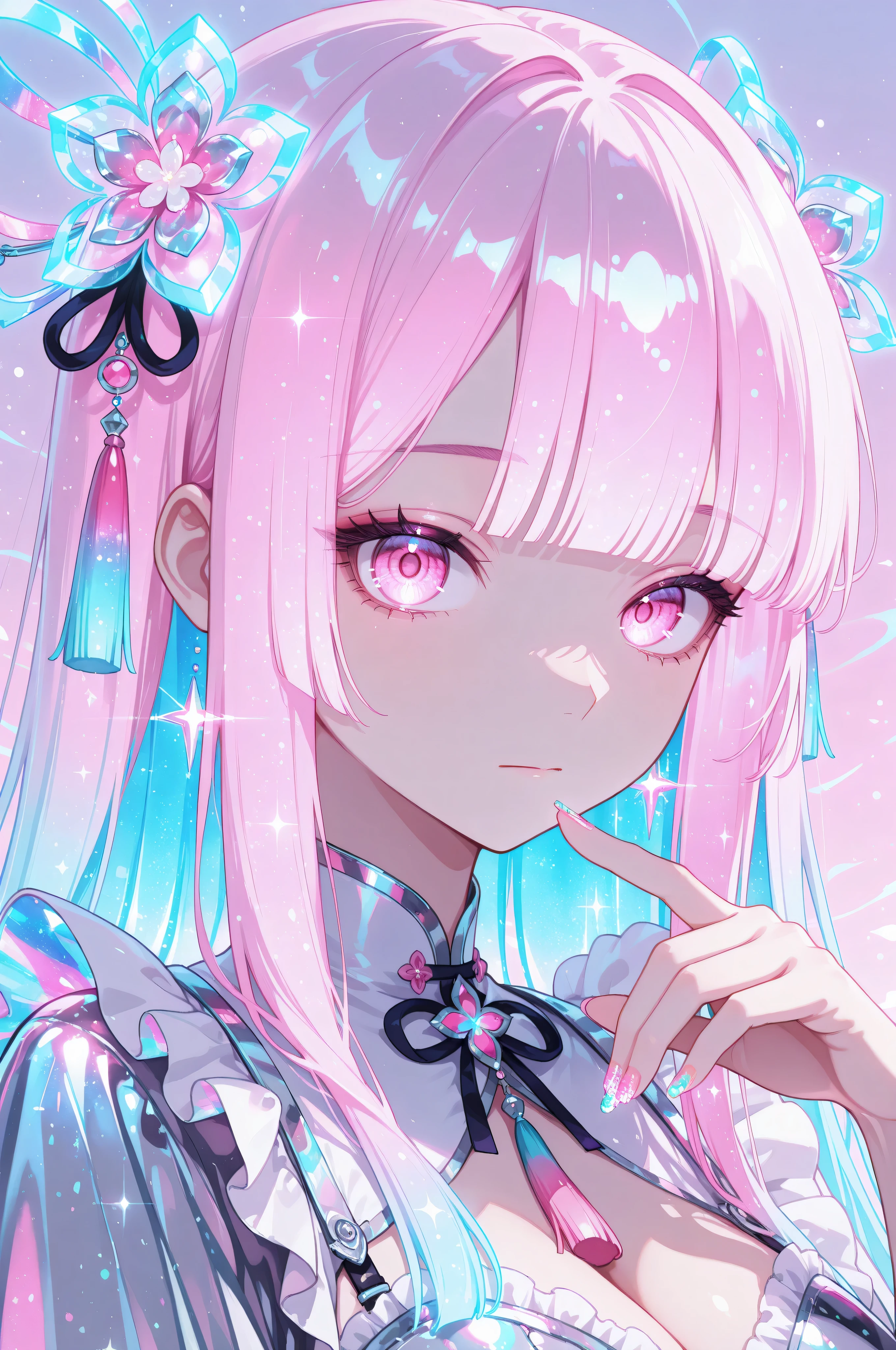 woman, solo, holofoil nails, looking at viewer, holographic, holofoil glitter, glowing, bangs, pink eyes, long hair, neon hair, glowing hair, hair ornament, hand up, flower, blunt bangs, closed mouth, tassel, ribbon, portrait, ethereal, pastel gradient background, frills, multicolored hair, upper body,