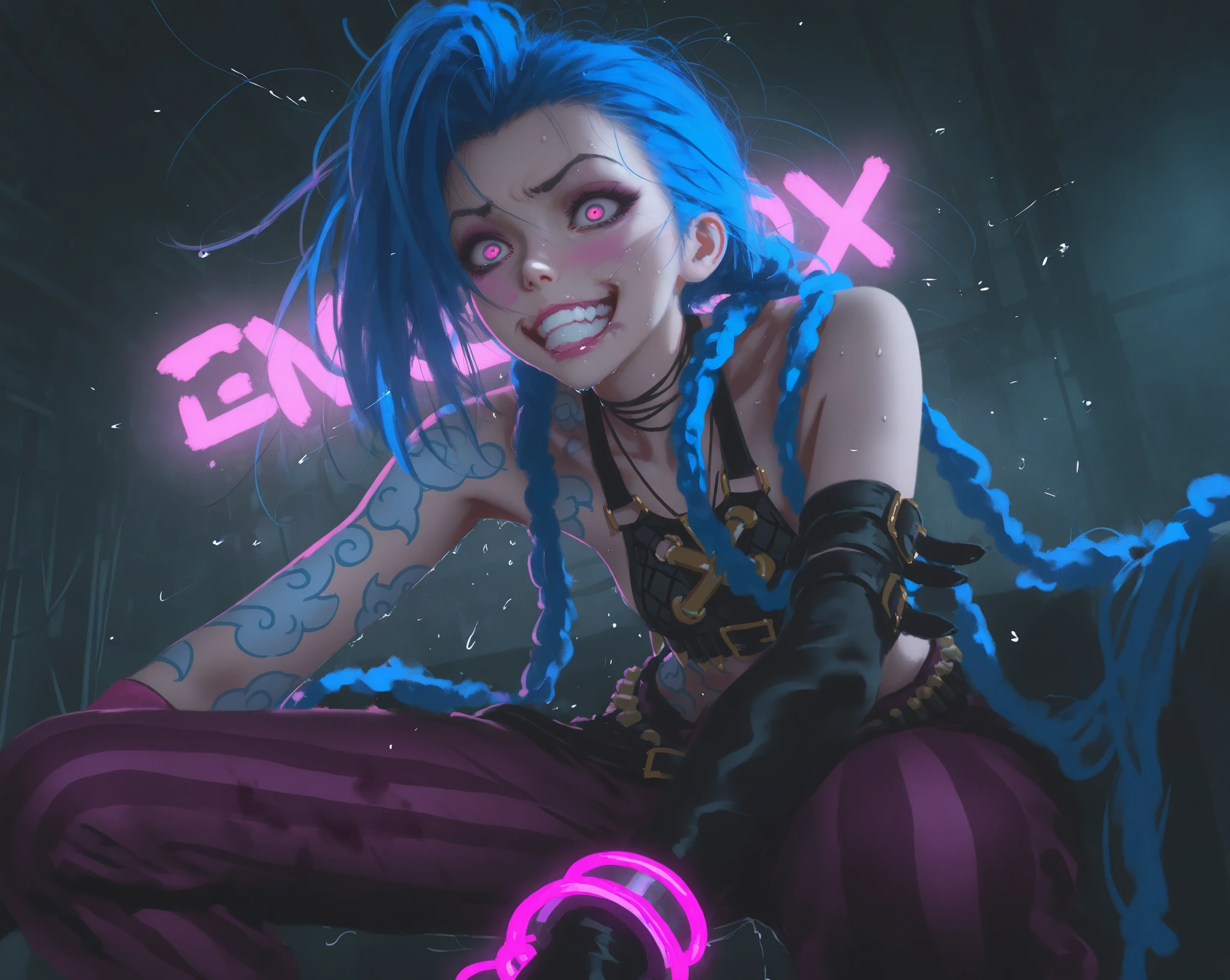 Jinx,short- sleeved,take up close,cute-style,short- sleeved,shorter pants,Comic cover style,Comic title,tmasterpiece, High- sharpness, high high quality, 详细的脸, detailed body render