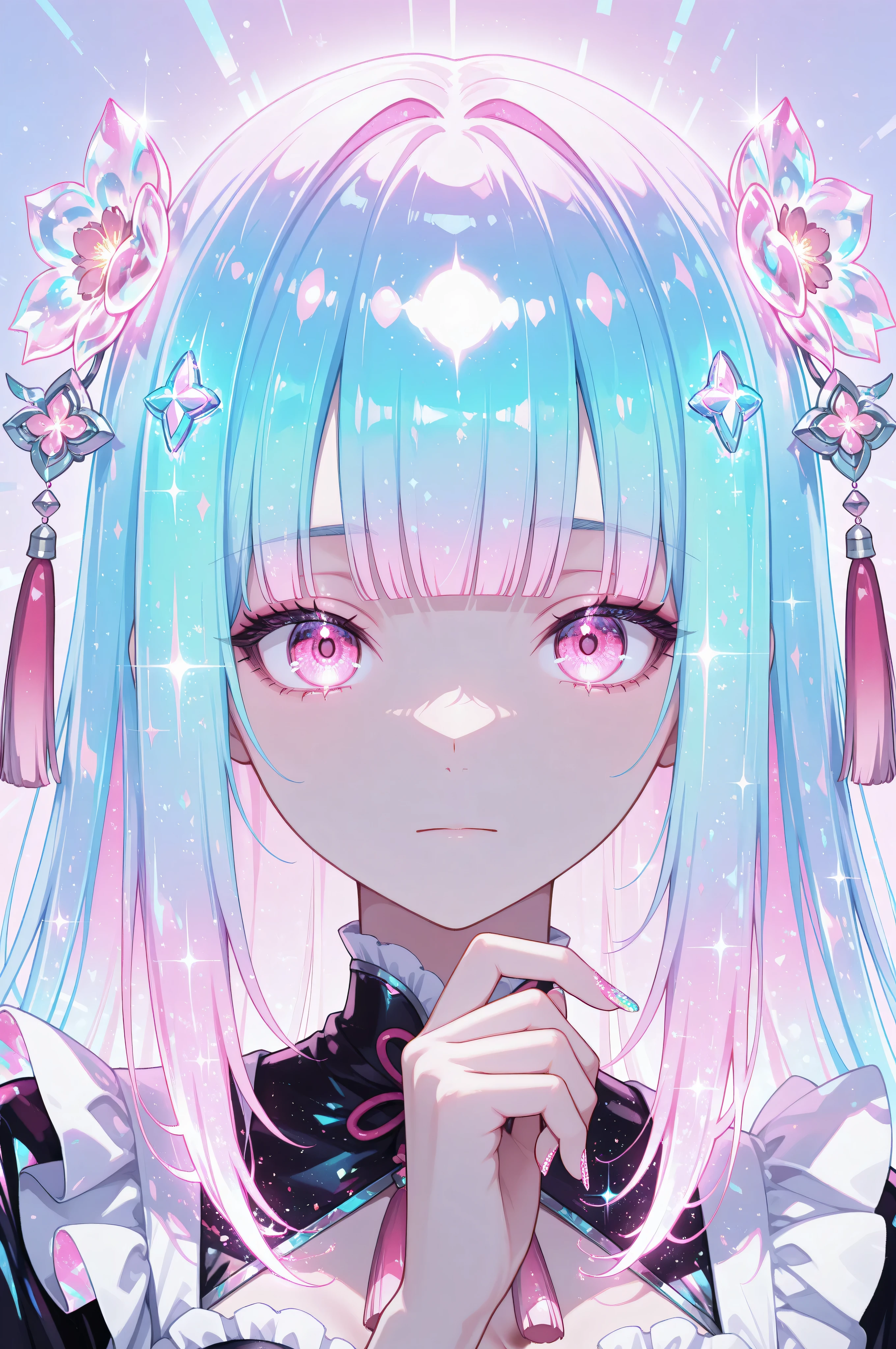 woman, solo, holofoil nails, looking at viewer, holographic, holofoil glitter, glowing, bangs, pink eyes, long hair, neon hair, glowing hair, hair ornament, hand up, flower, blunt bangs, closed mouth, tassel, ribbon, portrait, ethereal, pastel gradient background, frills, multicolored hair, upper body,