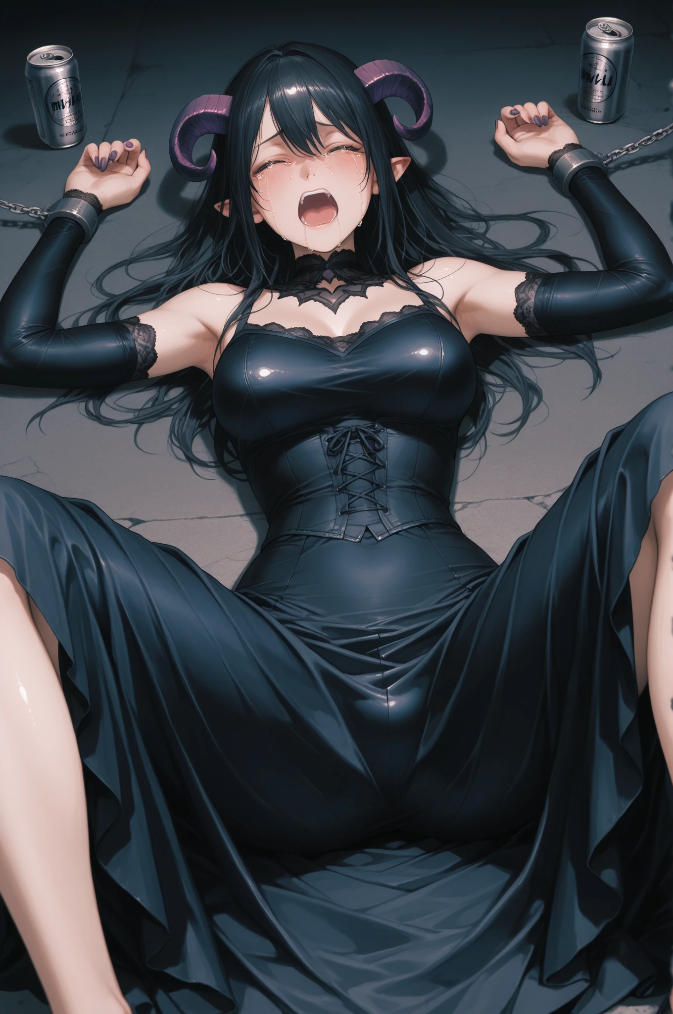 ((blood droplets)), ((blood)), ((blood splatter)), ((blood on clothes)), ((blood stain)), Masterpiece, Beautiful art, professional artist, 8k, sleeping expression, very detailed face, Detailed clothing, detailed fabric, 1 girl, View from above, lying on the ground, BIG BREASTS, perfectly drawn body, pale skin, tired expression, beautiful face, long black hair, Closed eyes, pink cheeks, choker:1.6, (white long sleeve button down shirt with white collar), black gloves, gloves that cover hands, (black leather corset), (shiny black leggings), Sensual Lips, dark forest, Atmosphere, fog, At night