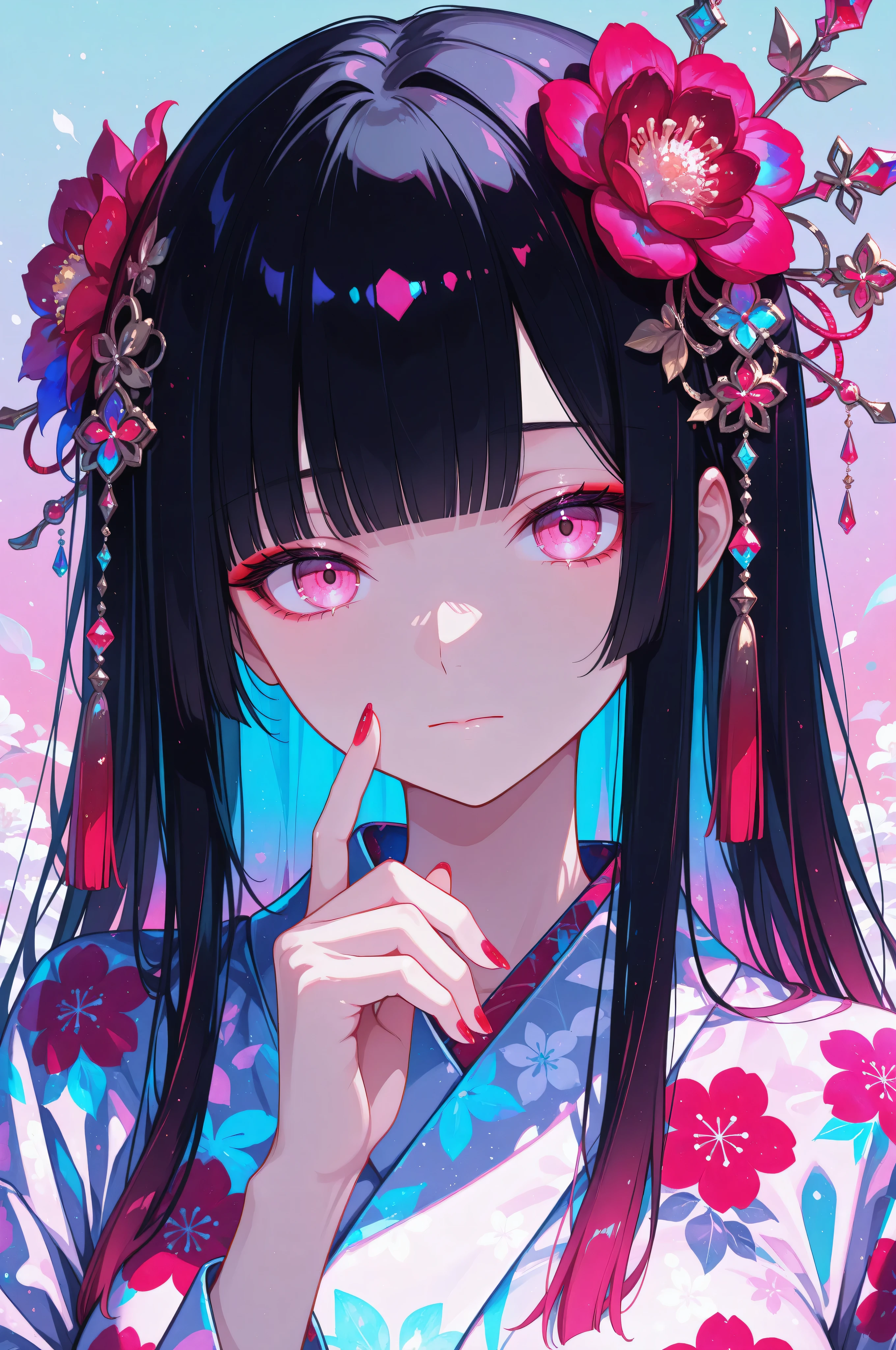 woman, solo, ethereal, crystal red nails, looking at viewer, bangs, pink eyes, long hair, black hair, hair ornament, hand up, flower, blunt bangs, closed mouth, tassel, ribbon, portrait, colorful, gradient background, floral yukata, multicolored hair, upper body,