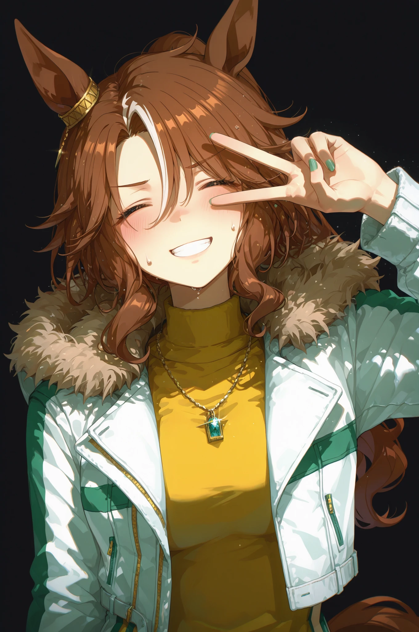 1girl,mejiro palmer \(umamusume\),umamusume,^ ^,animal ears,brown hair,closed eyes,facing viewer,film grain,fur-trimmed jacket,fur trim,grin,horse ears,horse girl,jacket,jewelry,long hair,necklace,shirt,smile,solo,turtleneck,upper body,v-shaped eyebrows,white jacket,breasts,arm at side,pendant,sweatdrop,medium bang,ponytail,green nails,teeth,horse tail,white hair,simple background,blush,hair between eyes,black background,ear ornament,open clothes,streaked hair,hand up,tail,long sleeves,sidelocks,multicolored hair,large breasts,open jacket,yellow shirt,v over eye