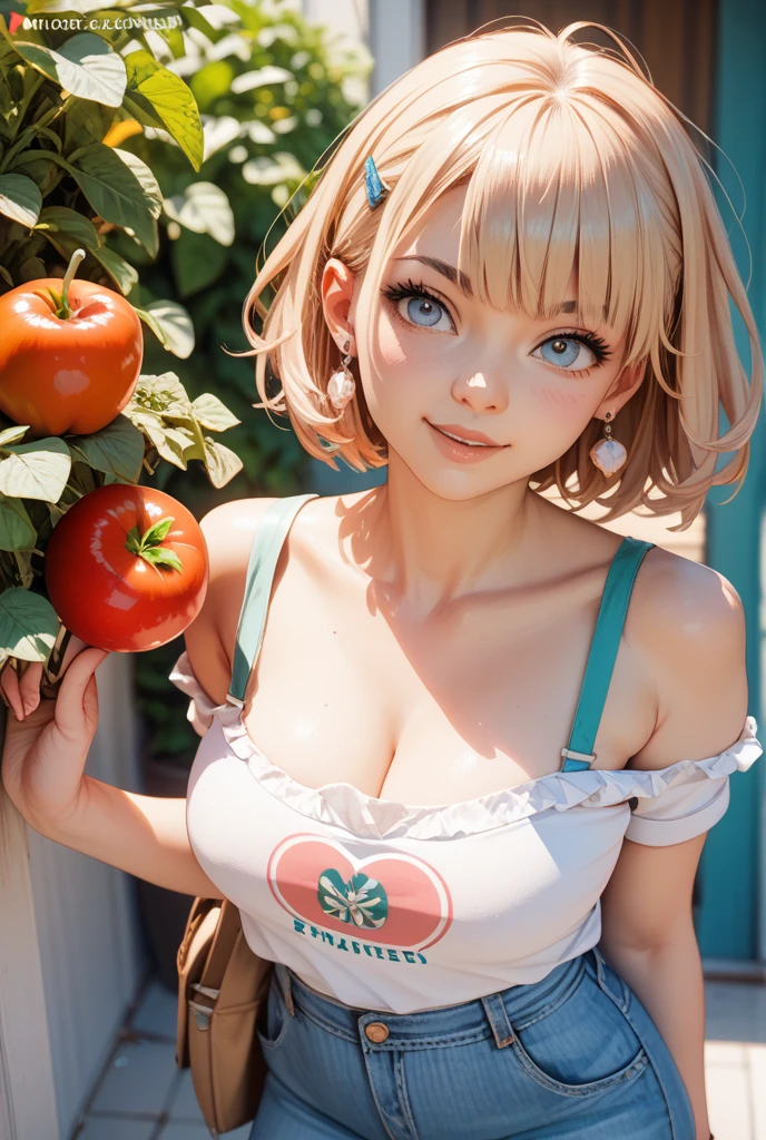 1 girl, shorth hair, Cute 17 years old、bright expression、Very beautiful face, Beautiful green eyes, dazzling green hair、Eyebrows behind bangs, Bright pupils, nffsw, nffsw, textured white skin, high details, Best Quality, 4K, hight resolution、Wearing a stuffed tomato doll