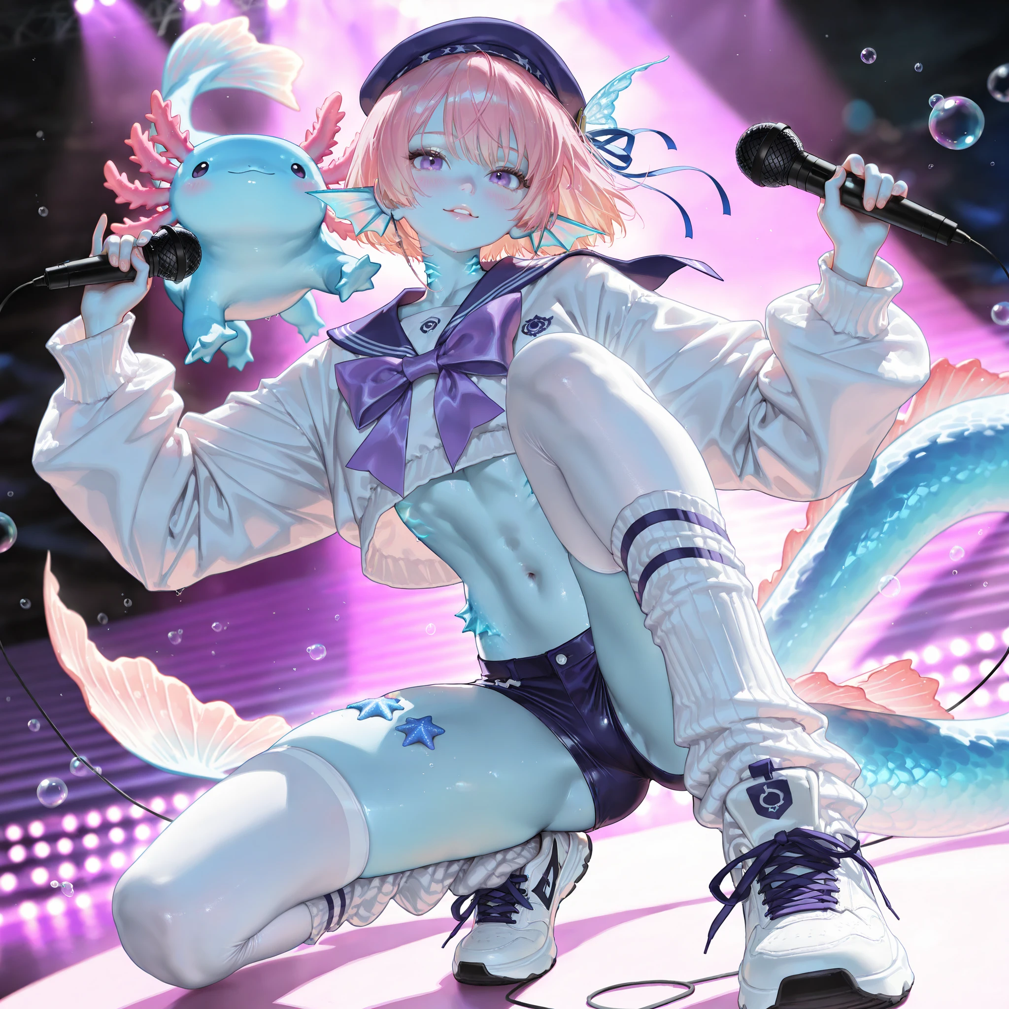 pink hair, male, 1boy, short hair,  <lora:CH4NGE:1> ch4nge, megaphone, crossed legs,